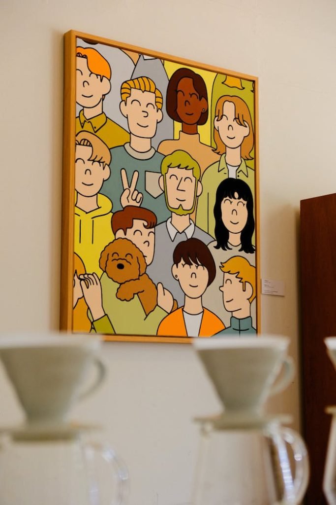 Vibrant artwork hanging in a cozy café, creating a lively ambiance.
