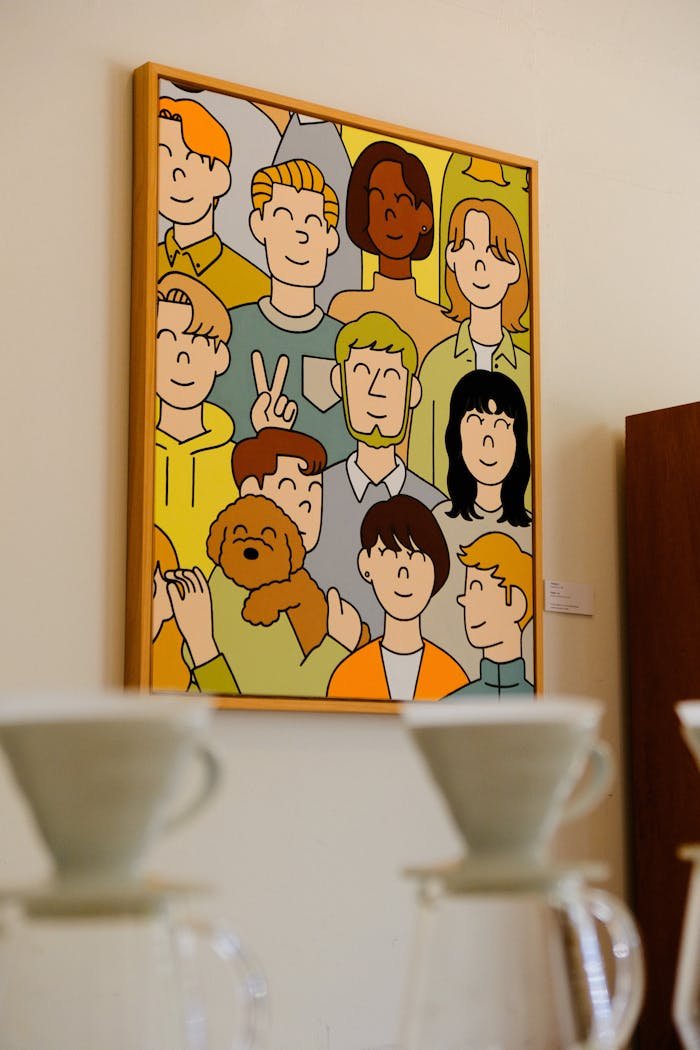 Vibrant artwork hanging in a cozy café, creating a lively ambiance.